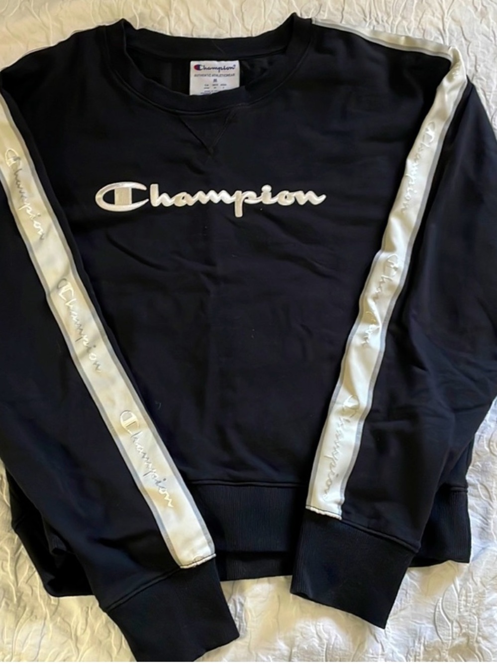 Champion Black Sweatshirt with White Logo Stripe